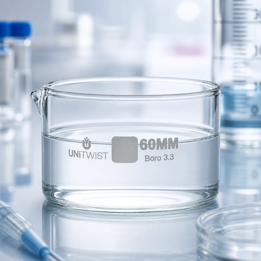 Niedrige Glasschale UNiTWIST 60mm Durchmesser mit Flüssigkeitsfüllung zwischen Laborgeräten