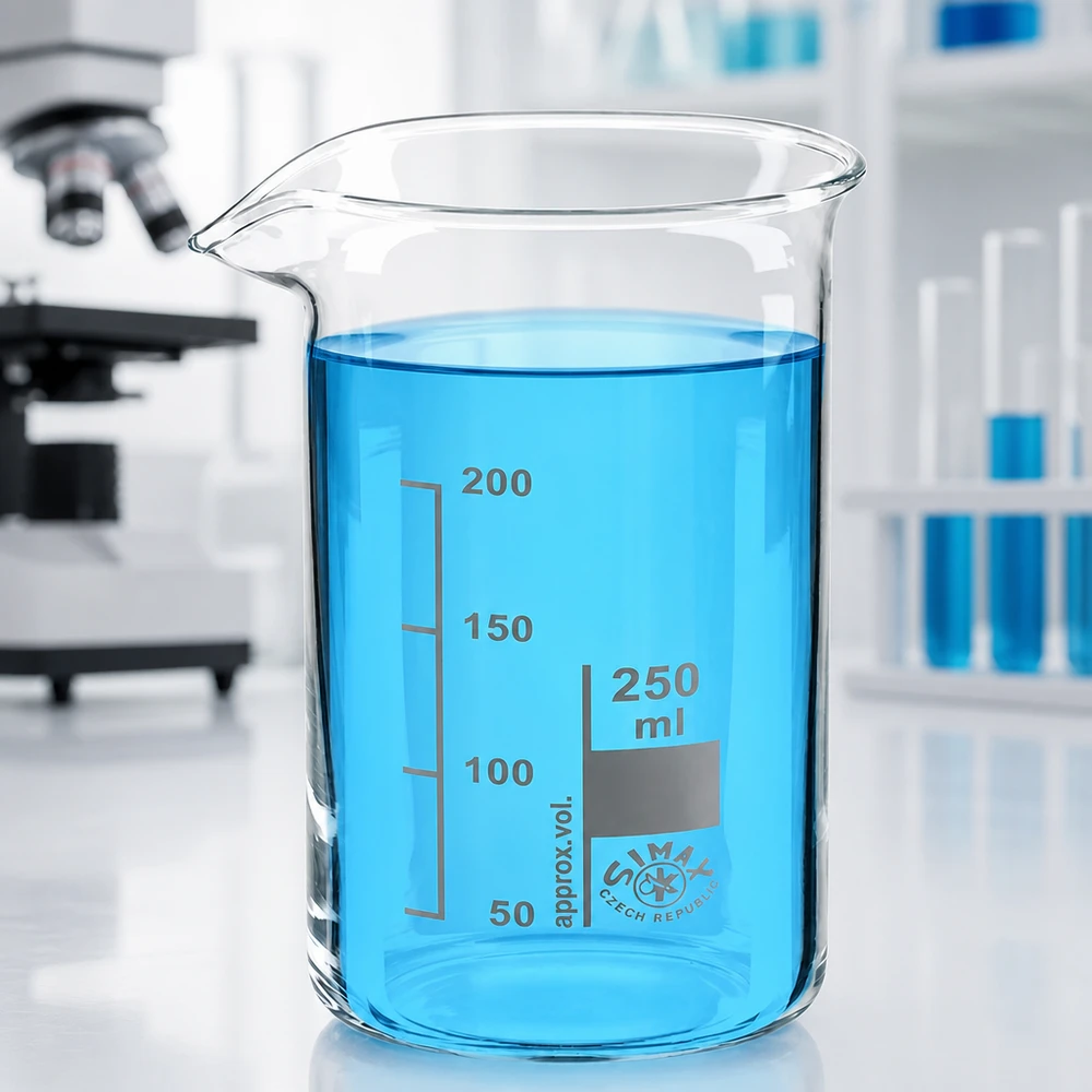 Becherglas 250ml Borosilikatglas, hohe Form Becherglas Borosilikatglas 250ml hohe Form mit blau gefärbtem Laborinhalt und Ausgießer