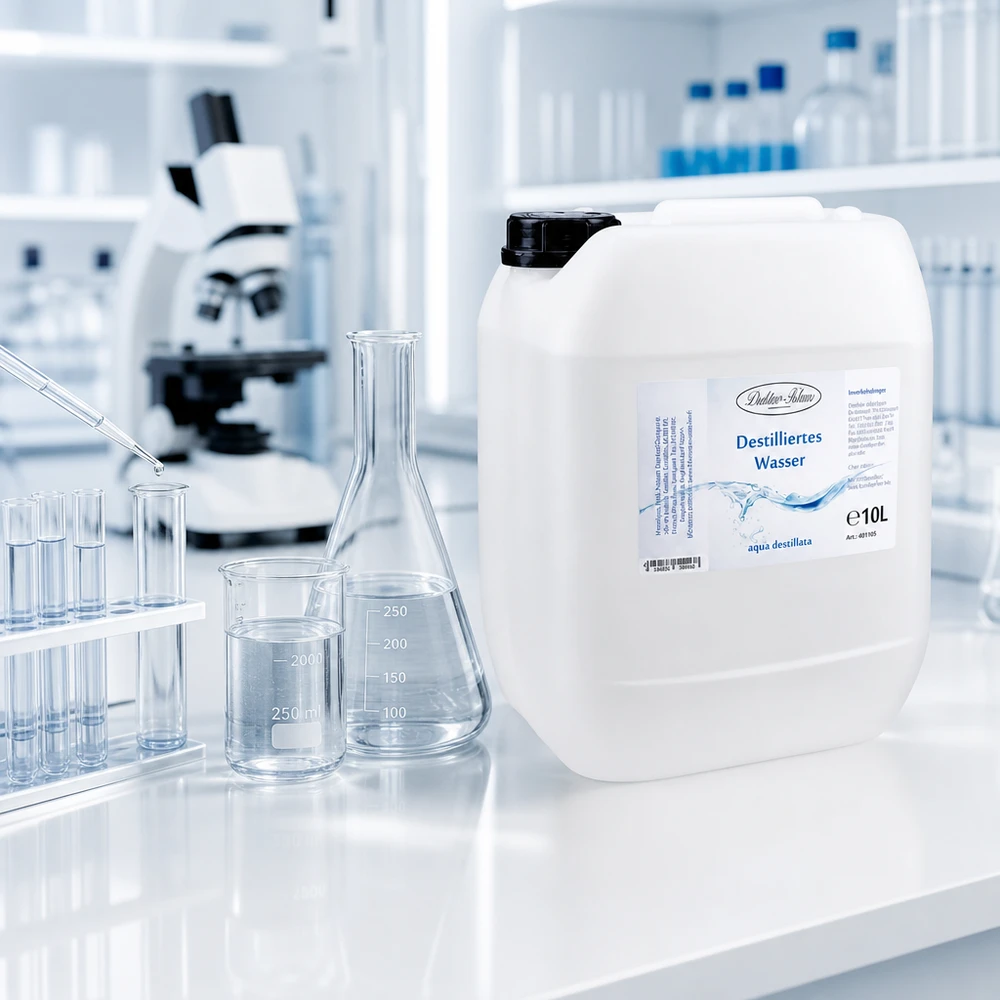 Weißer 10 Liter Behälter Doktor-Klaus destilliertes Wasser in steriler Laborumgebung