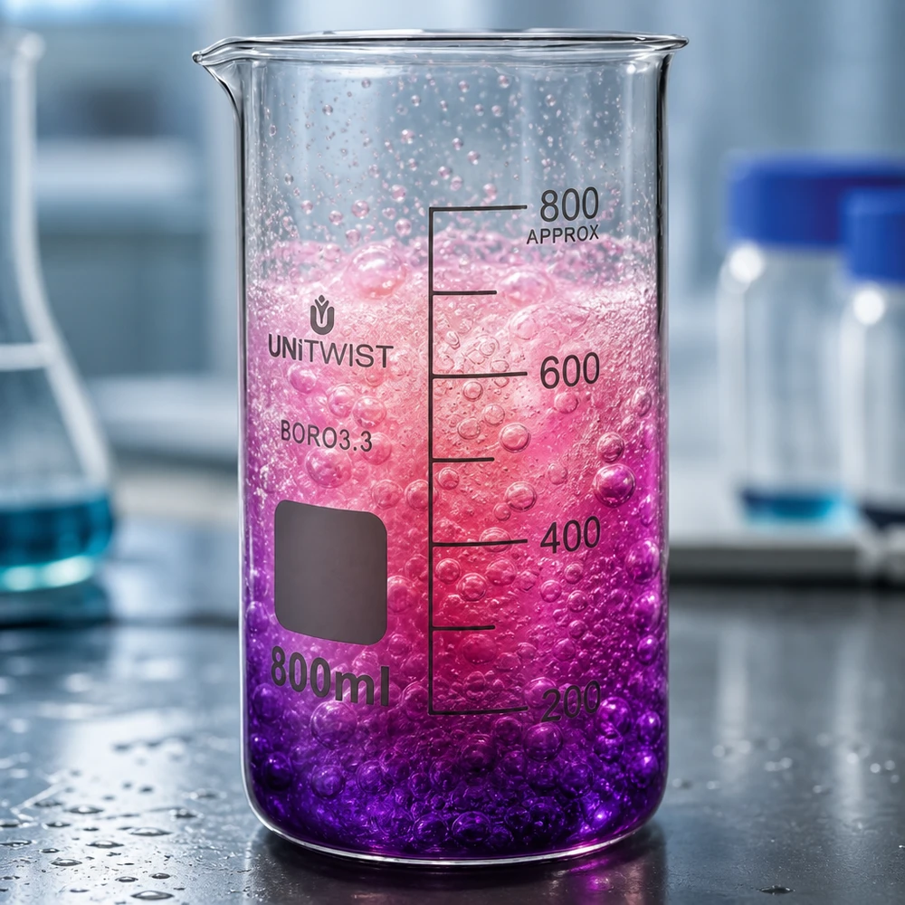 UNITWIST Borosilikat Becherglas 800ml hohe Form mit sprudelnder Flüssigkeit Farbverlauf lila pink