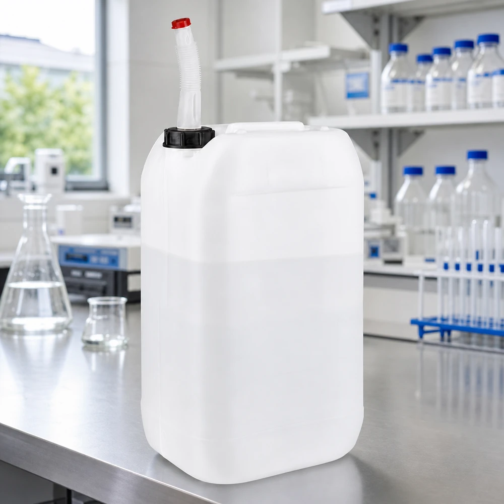 Robuster 15 Liter Kanister mit biegsamem Ausgießer und rotem Verschlussstopfen im Labor