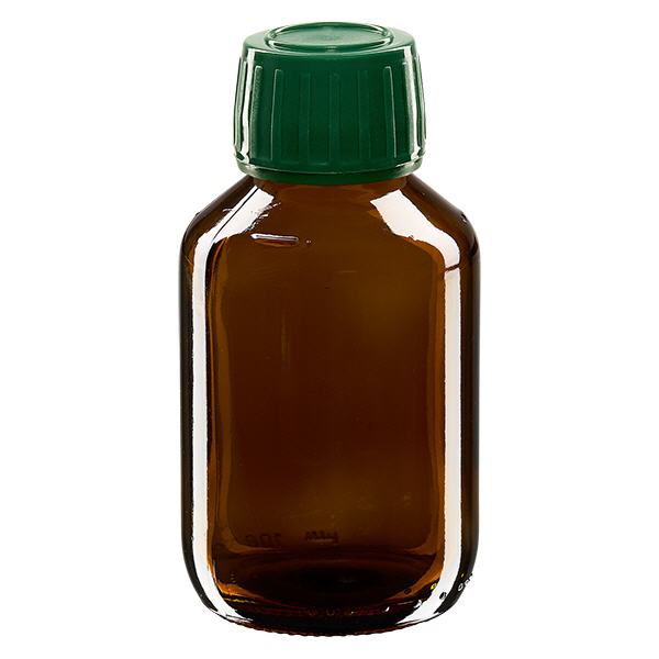 100ml Medizinflasche braun, Verschluss grün mit Originalitätsring ApoGlas
