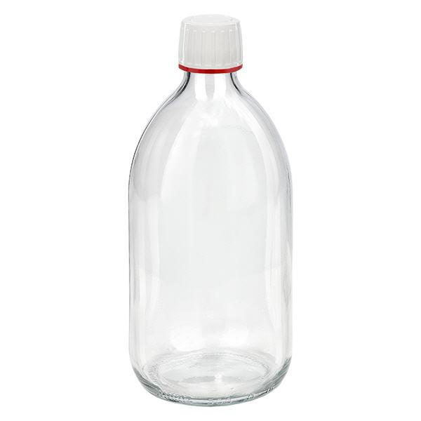 500ml Medizinflasche klar, Verschluss weiß mit Originalitätsring rot ApoGlas 500ml Medizinflasche klar, Verschluss weiß mit Originalitätsring rot ApoGlas
