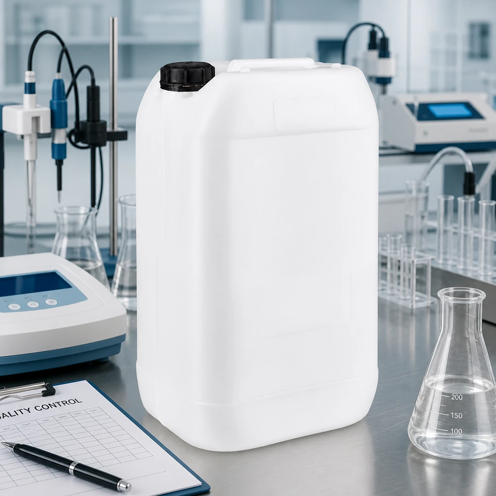Kanister 15 Liter mit Schraubverschluss Originalitätsverschluss Robuster Vorratskanister 15L in Laborumgebung mit Qualitätskontrolldokumentation