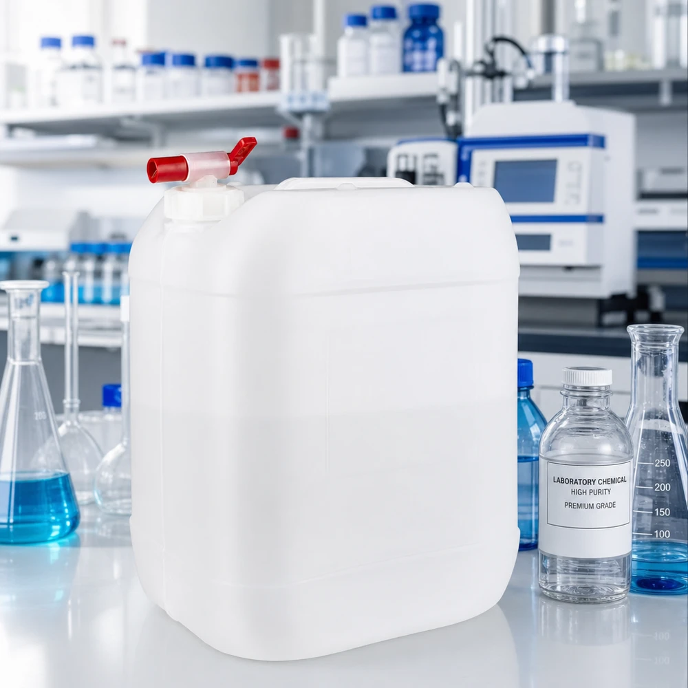 Kanister 20 Liter mit Auslaufhahn Stapelbarer Lagerkanister 20 Liter mit rotem Hahn zur sicheren Aufbewahrung von Laborchemikalien