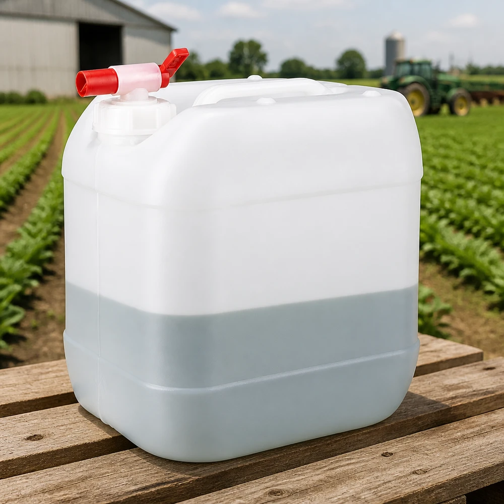 Halbgefüllter weißer 15 Liter Wasserkanister mit rotem Hahn vor grünem Feld und Traktor