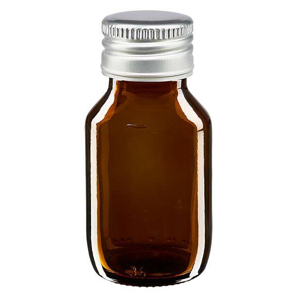 50ml Medizinflasche braun, mit Verschluss silber Aluminium ApoGlas 50ml Medizinflasche braun, mit Verschluss silber Aluminium ApoGlas