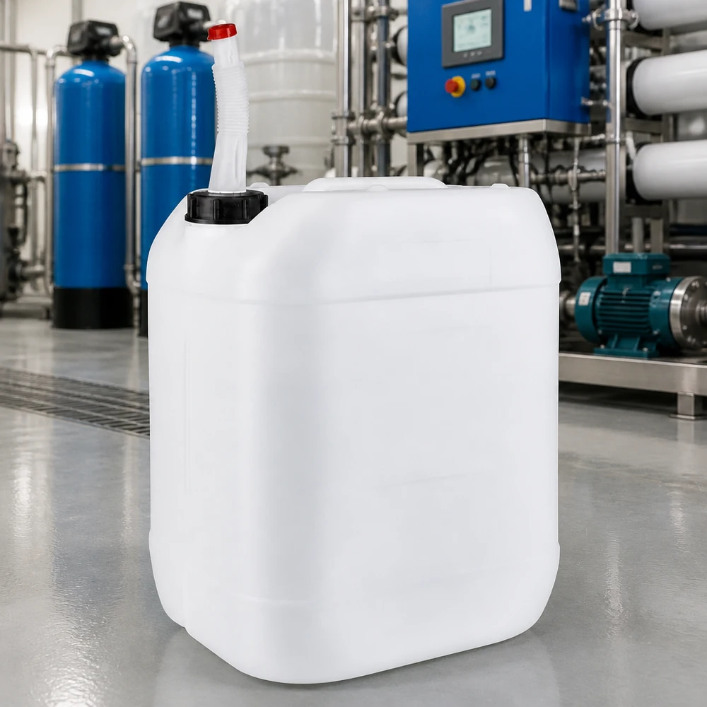 Chemikalienbeständiger UN-Kanister 20L mit Flex-Ausgießer für sichere Dosierung von Betriebsstoffen