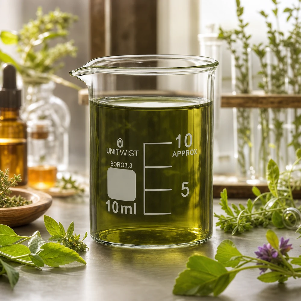 Transparentes Laborglas 10ml mit grünem Kräuteröl neben Amber-Tropfflaschen und Heilkräutern