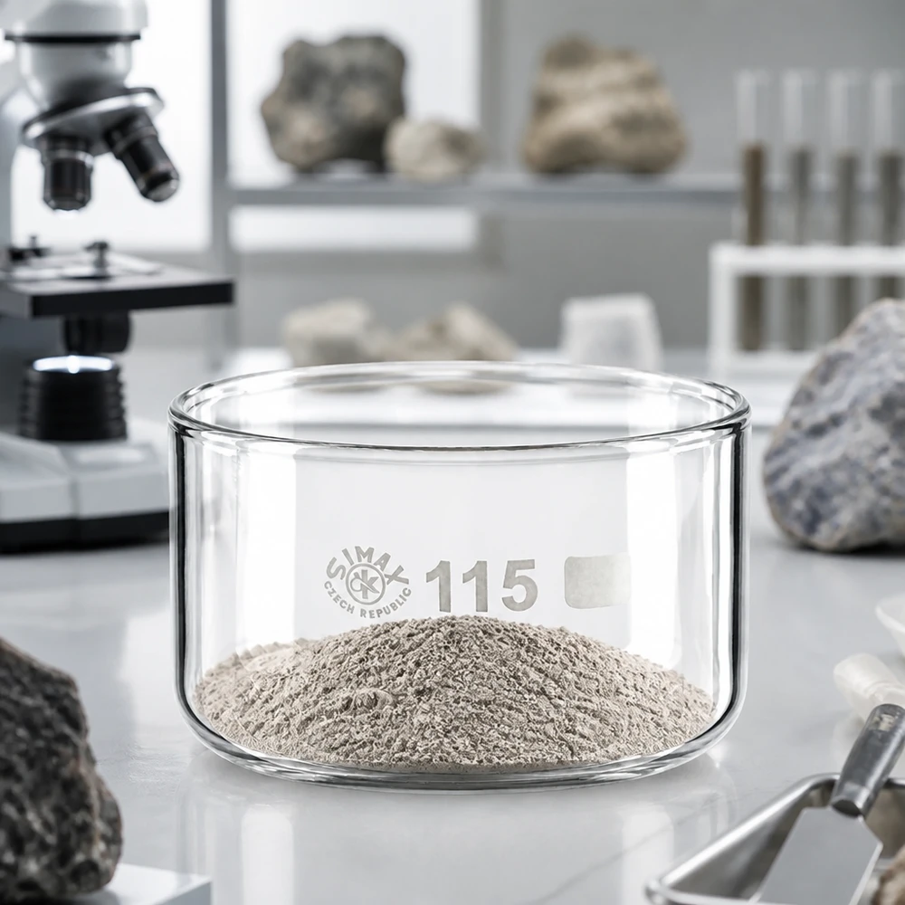 Flache Glasschale 115mm mit aufgehäuftem grauem Pulver zur mineralogischen Analyse