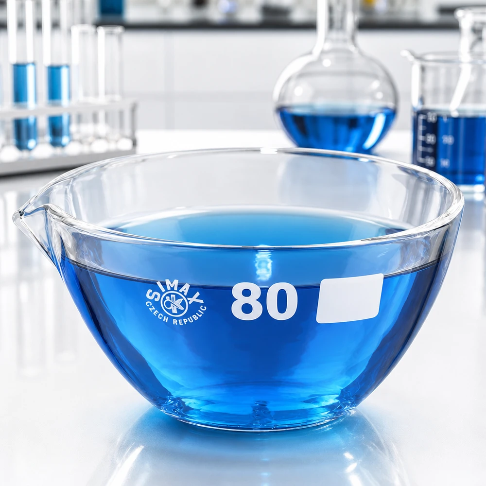 90ml Abdampfschale mit Ausguss Borosilikat ø80mm Ergonomische Borosilikat-Abdampfschale mit Ausguss für sauberes Arbeiten in Labor und Forschung