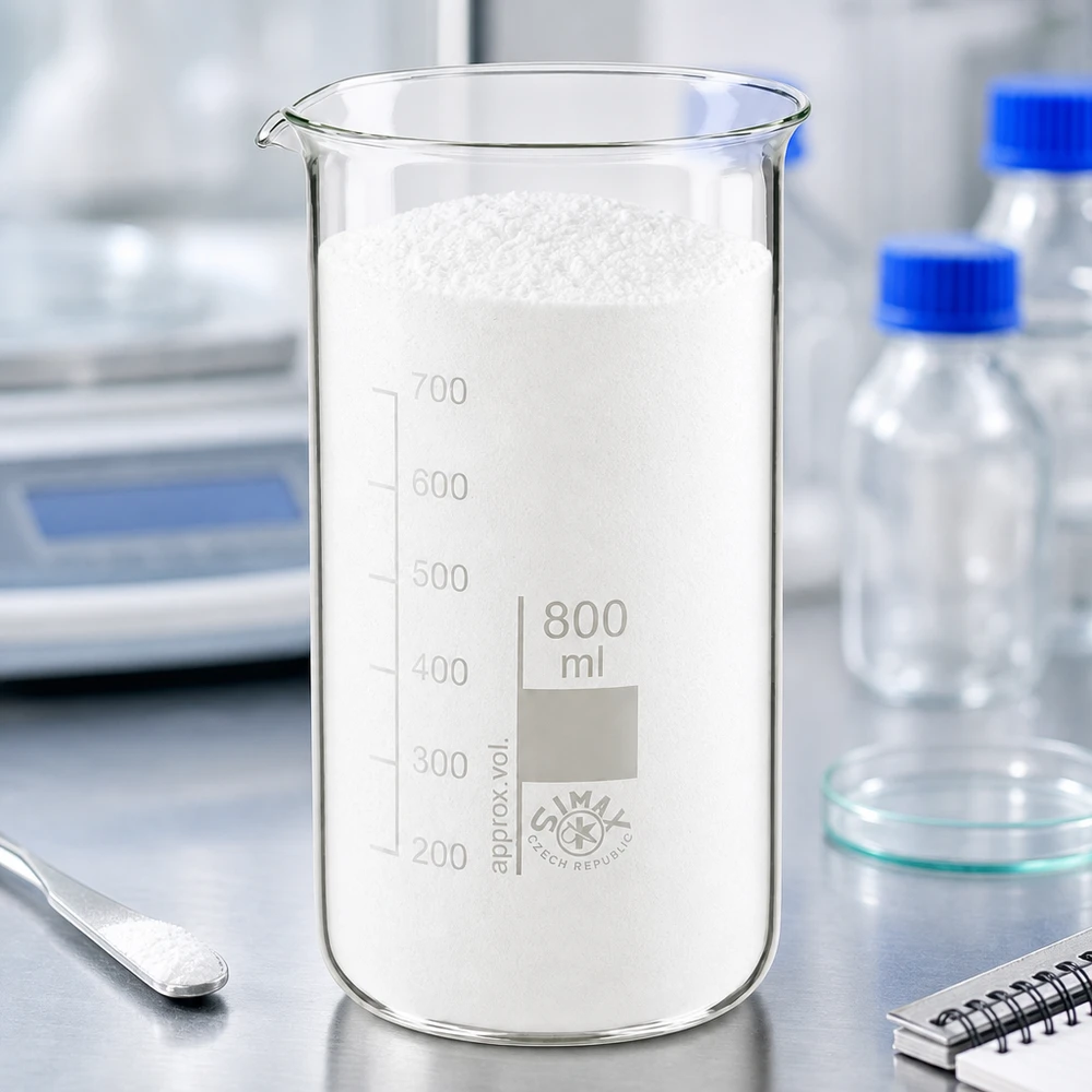 Becherglas 800ml hohe Form aus klarem Borosilikatglas mit weißem Laborpulver befüllt
