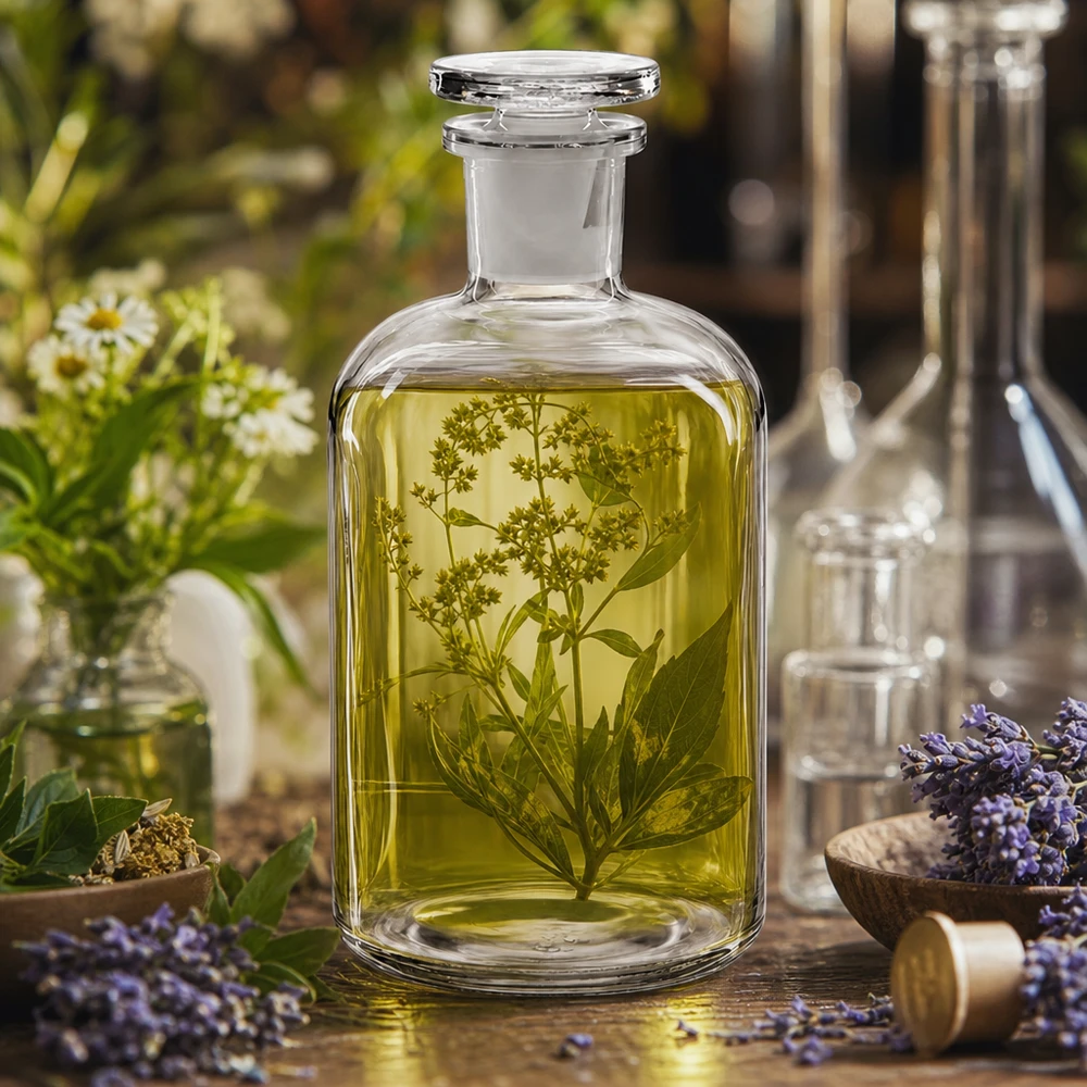 Dekorative Apothekerflasche klar 500ml Rundschulter Glasstopfen für Öle und Naturprodukte