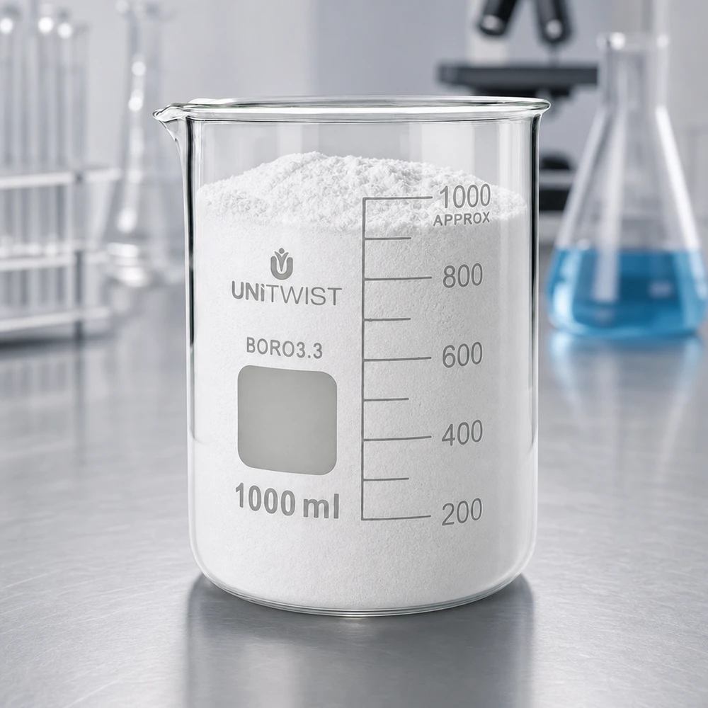 Transparentes Becherglas 1000ml BORO3.3 niedrige Form mit weißem Feststoff befüllt
