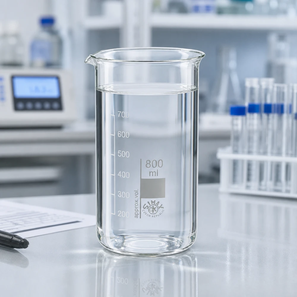 Becherglas 800ml Borosilikatglas, hohe Form Klares Becherglas 800ml hohe Form mit Skalierung 200 bis 700ml auf reflektierender Laboroberfläche