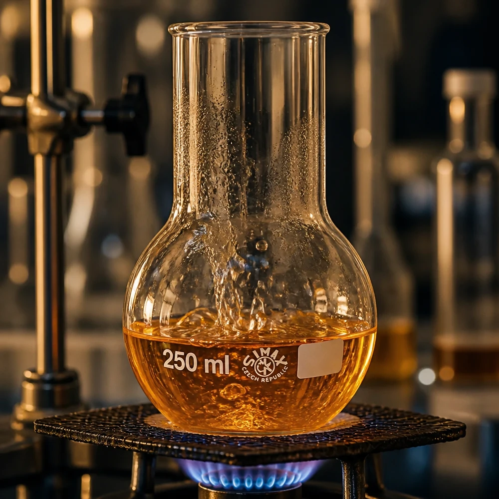 Stehkolben 250ml Weithals Stehkolben 250ml aus robustem Laborglas mit goldschimmernder Flüssigkeit für Forschungszwecke