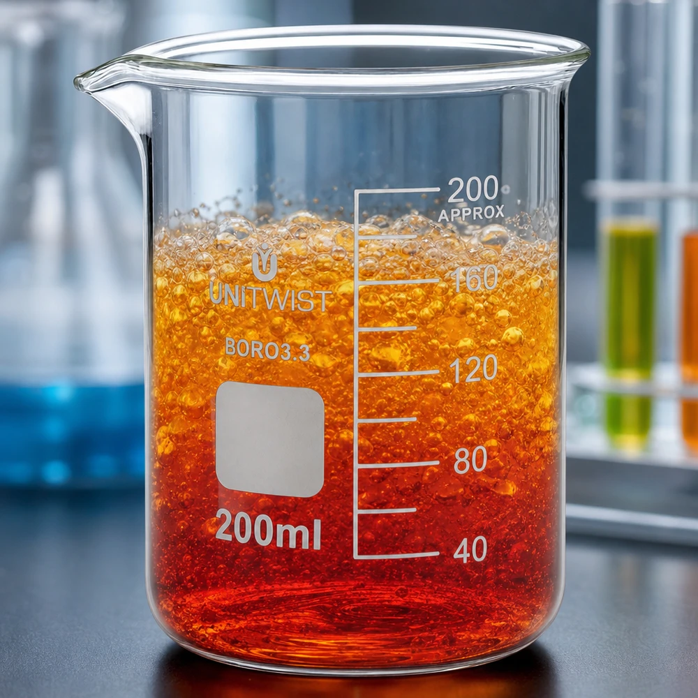 Siedende orangerote Flüssigkeit in 200ml Becherglas Borosilikat niedriger Form von UNiTWIST