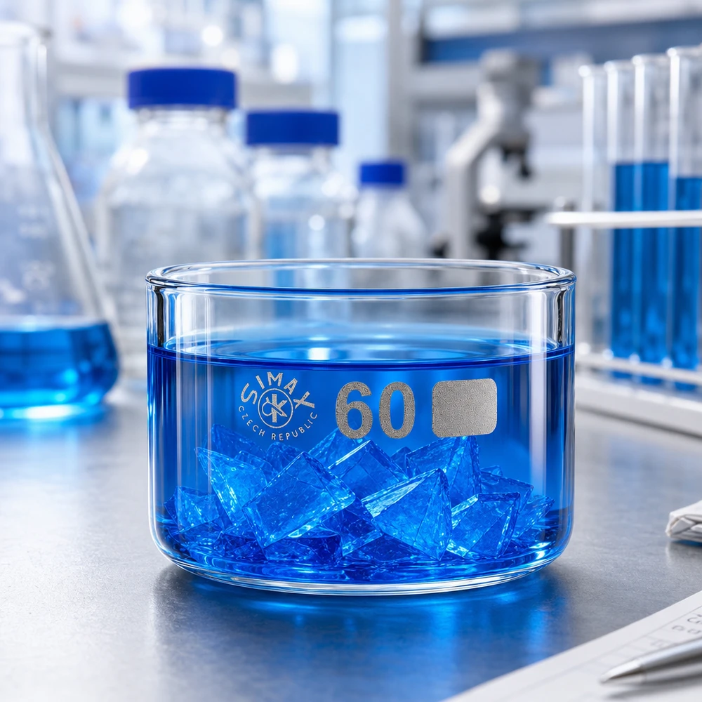 Niedrige Glasschale 60ml Simax für Präzisionsexperimente mit blauen Kristallen