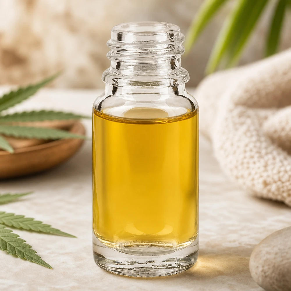 UNiTWIST 10ml Apothekerflasche ClearLine mit honigfarbenem Öl auf hellem Naturstein-Untergrund