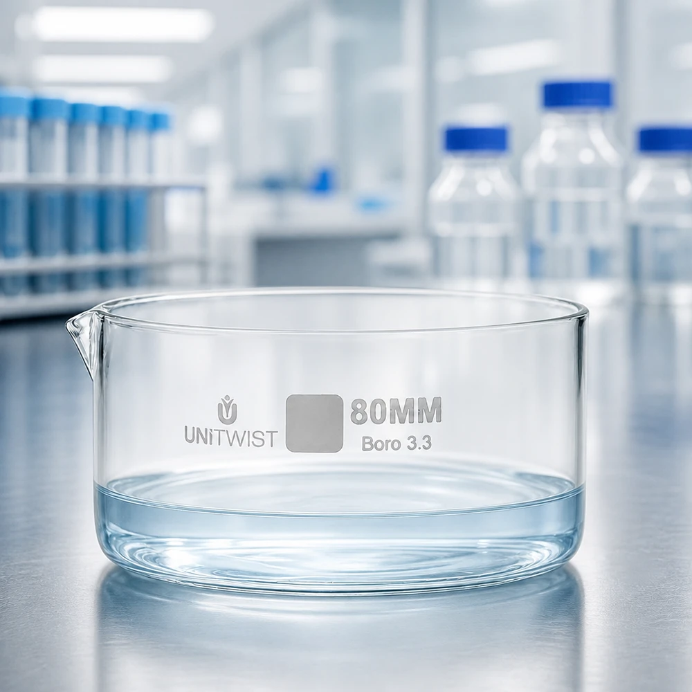 Kristallisierschale ø80mm Borosilikatglas UNiTWIST Kristallisierschale Boro 3.3 ø80mm UNiTWIST dickwandiges Glas vor Laborflaschen blauer Kappe