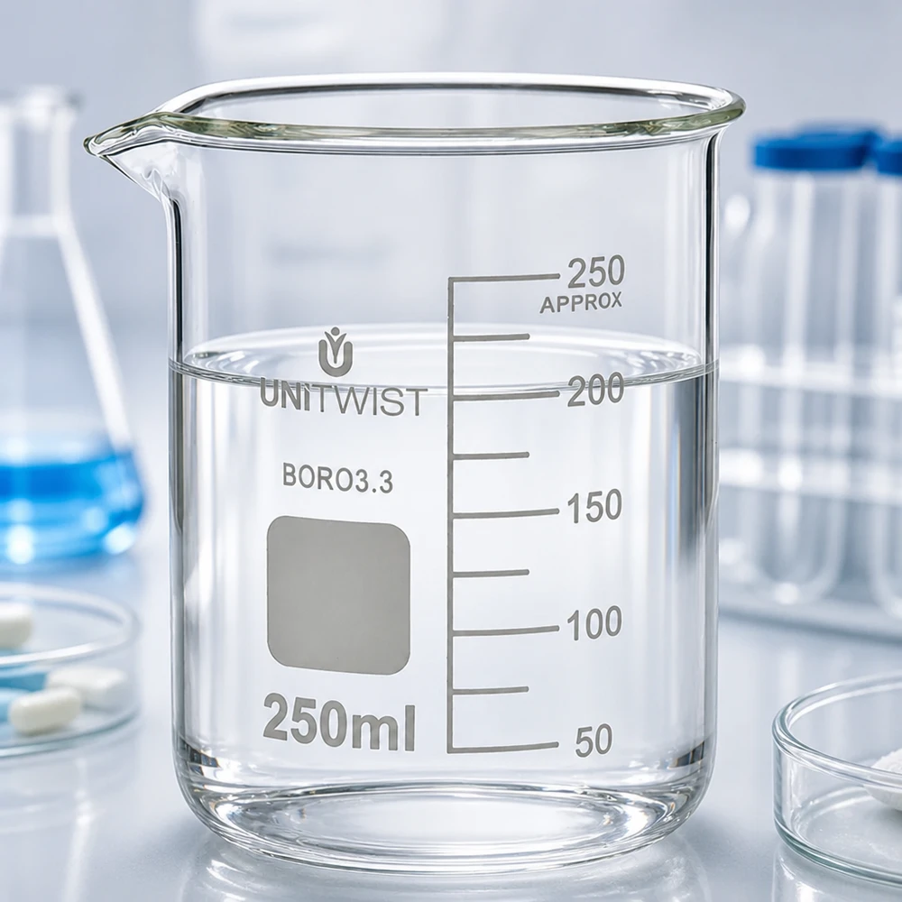 Becherglas 250ml Borosilikat, niedrige Form UNiTWIST UNiTWIST Becherglas 250ml mit Graufeld für Beschriftung niedrige Form Borosilikatglas Labor