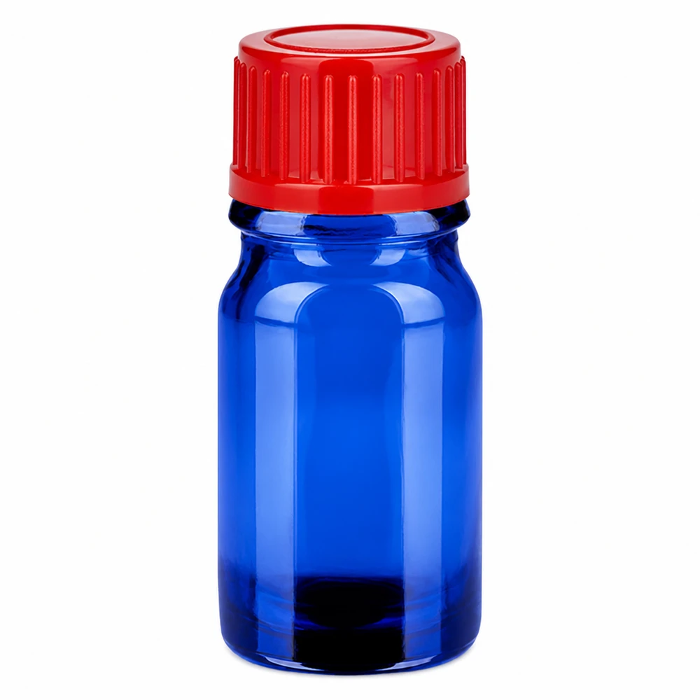 Hochwertige 5ml Glasflasche in Blau mit rotem 11mm Verschluss für Laborbereich