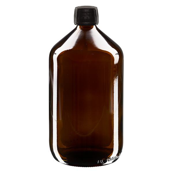 1000ml Medizinflasche braun, Verschluss schwarz mit Originalitätsring ApoGlas