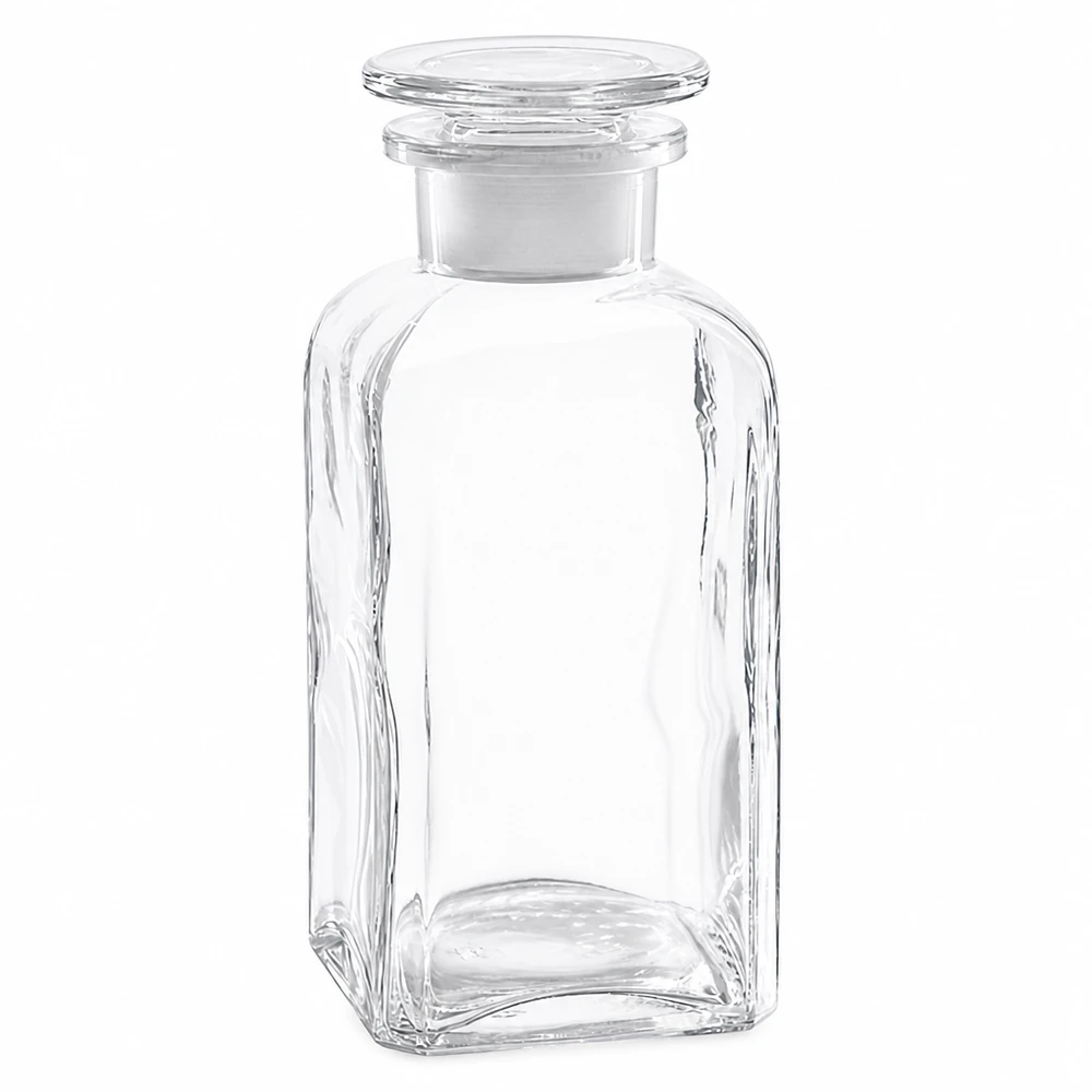 Vierkantflasche Glas 350ml klar quadratische Form mit Glasstopfen Weithalsöffnung