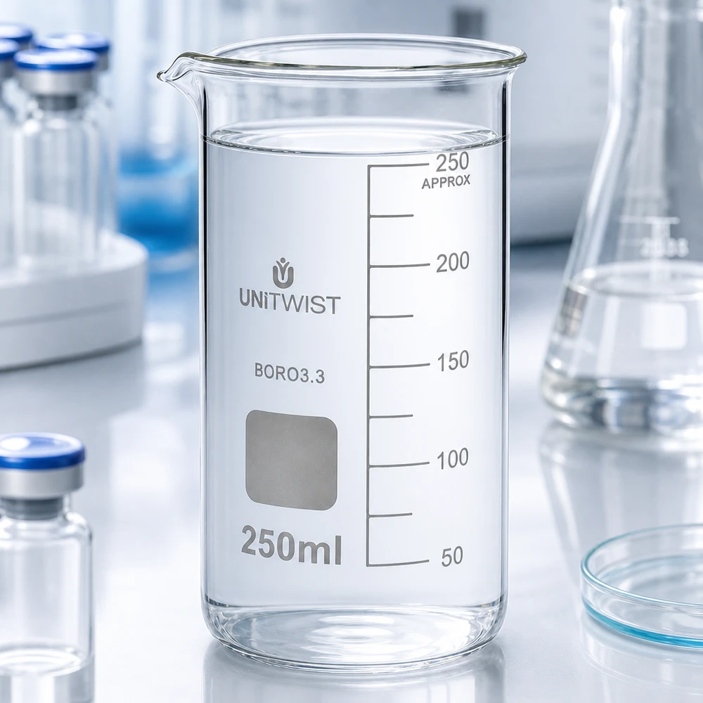 Becherglas 250ml Borosilikat, hohe Form UNiTWIST Becherglas 250ml hohe Form dickwandiger Boden aus Boro 3.3 Glas UNITWIST Laborqualität