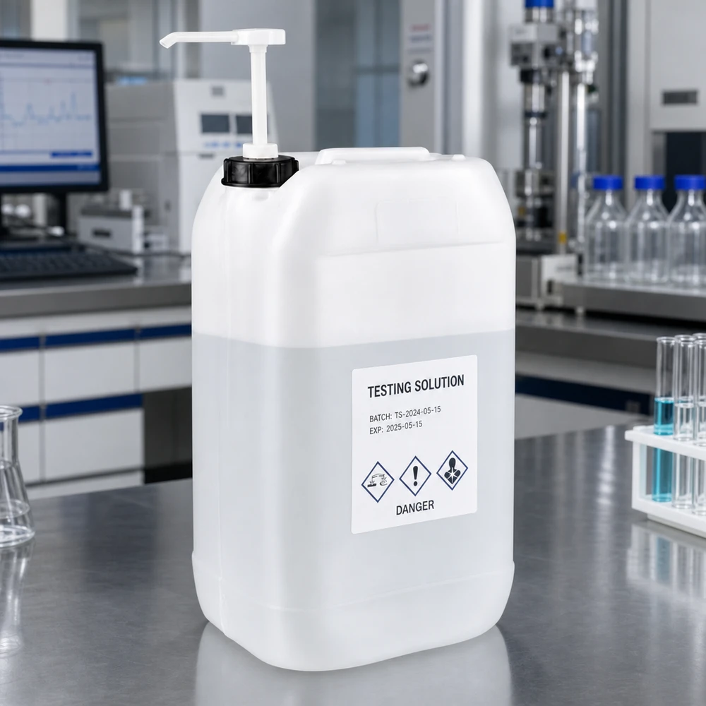 Kanister 15 Liter mit Dosierpumpe 15L Kanister mit Pump-Ausgießer und drei GHS-Piktogrammen auf weißem Etikett