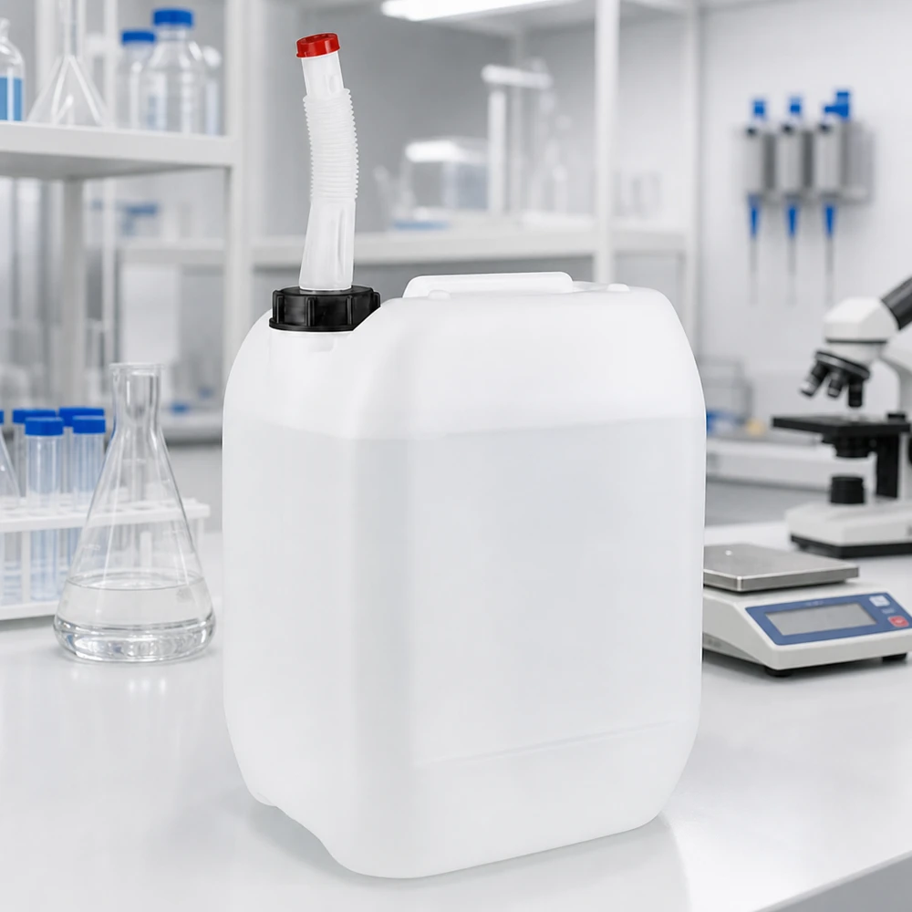 Rechteckiger Weißkanister 10 Liter mit flexiblem Auslaufstutzen auf Labortisch