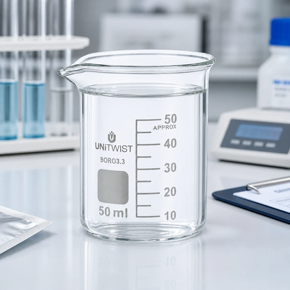 Transparentes Borosilikat Becherglas 50ml niedrige Form UNiTWIST mit weißem Beschriftungsfeld