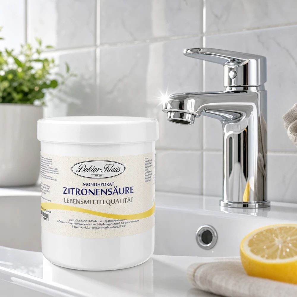 Zitronensäure 500g Doktor-Klaus Doktor-Klaus Zitronensäure 500g in weißer Kunststoffverpackung neben Armatur für Kalkentfernung