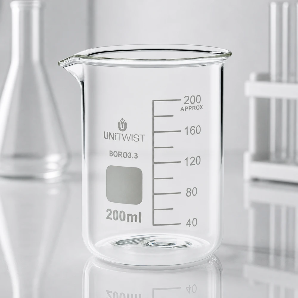 Becherglas 200ml Borosilikat, niedrige Form UNiTWIST UNiTWIST Becherglas 200ml niedriger Form mit Schreibfeld für Labormarkierungen aus Borosilikat
