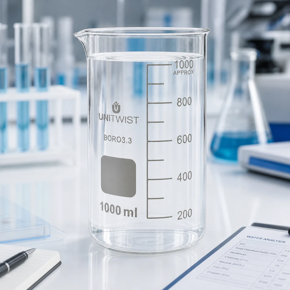 Becherglas hohe Form 1000ml UNITWIST Borosilikat neben Erlenmeyerkolben und Laborwaage
