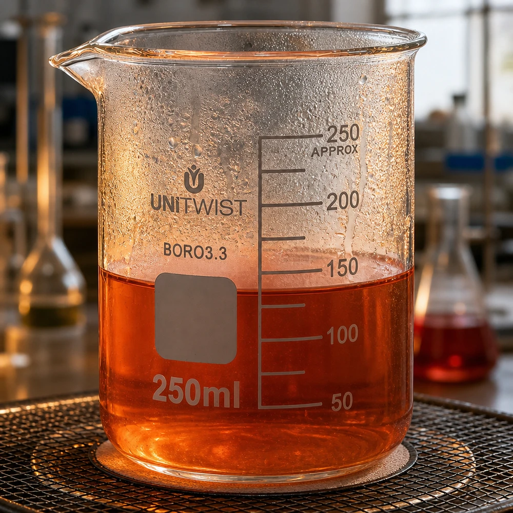 Becherglas 250ml Borosilikat, niedrige Form UNiTWIST Robustes Borosilikat Becherglas 250ml UNiTWIST niedrige Form mit Ausgießer im Laborumfeld