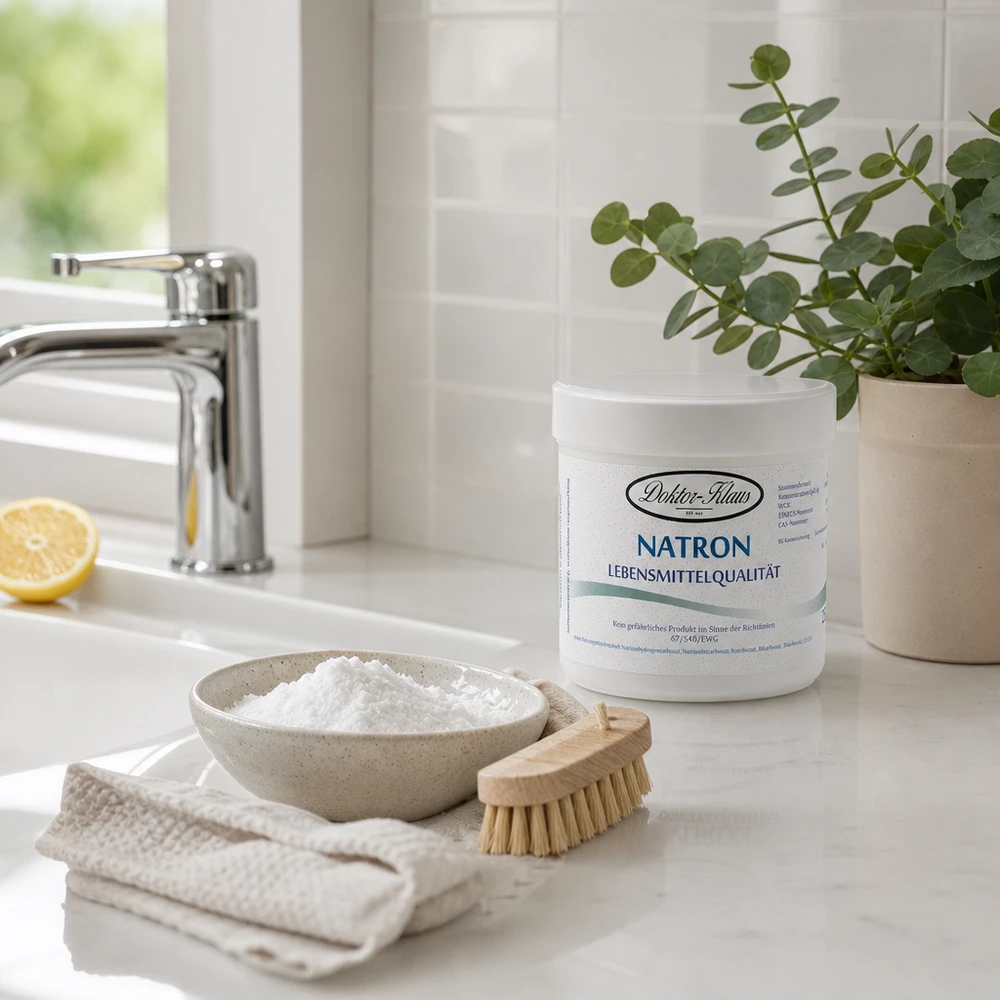 Vielseitiges Natron Doktor Klaus 250g in stylischer Küche mit modernem Wasserhahn und Dekoration