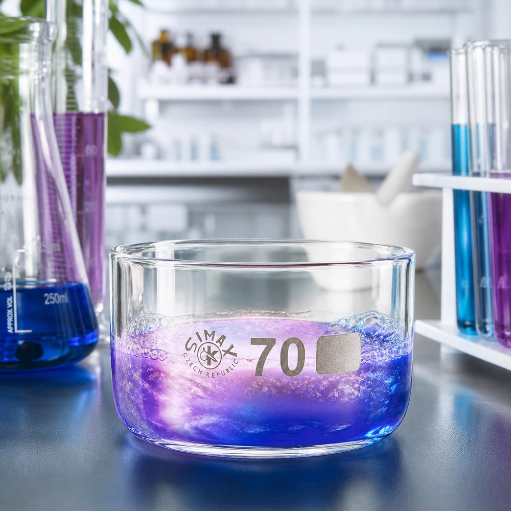 100ml Kristallisierschale ohne Ausguss Borosilikat ø70mm Borosilikatglas Kristallisierschale 70mm mit Mischung aus blauer und violetter Laborflüssigkeit