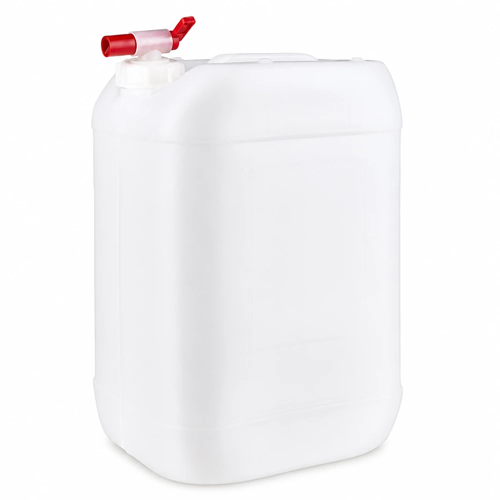 25 Liter HDPE Kanister Natur-Weiß mit integriertem Auslaufhahn und breitem Schraubdeckel