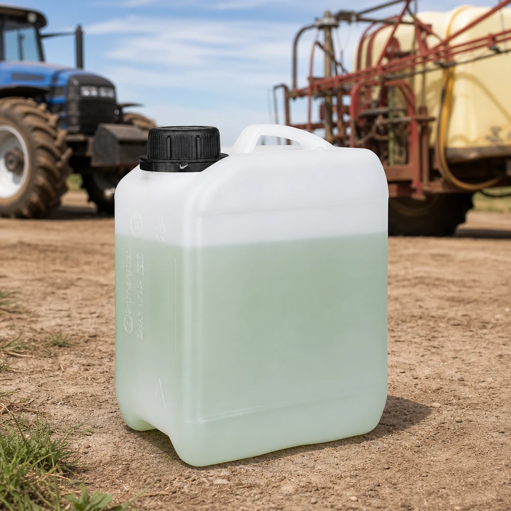 Kanister 2.5 Liter mit Schraubverschluss Originalitätsverschluss Transluzenter Kunststoffkanister 2,5 L mit sichtbarem Füllstand auf Schotterboden im Freien