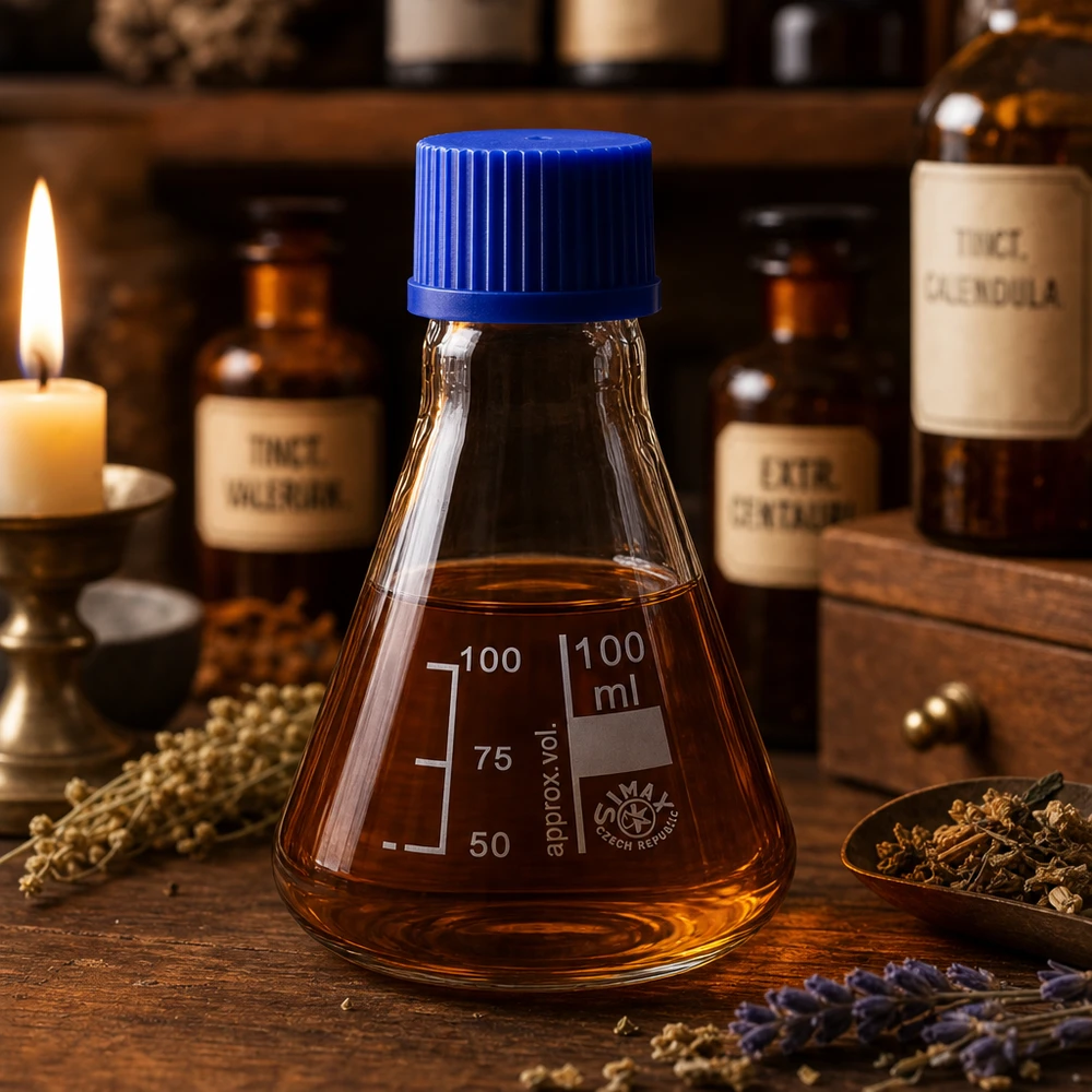 Chemiebeständiger Erlenmeyerkolben 100ml mit UV-Schutz durch getöntes Glas und blauen Deckel