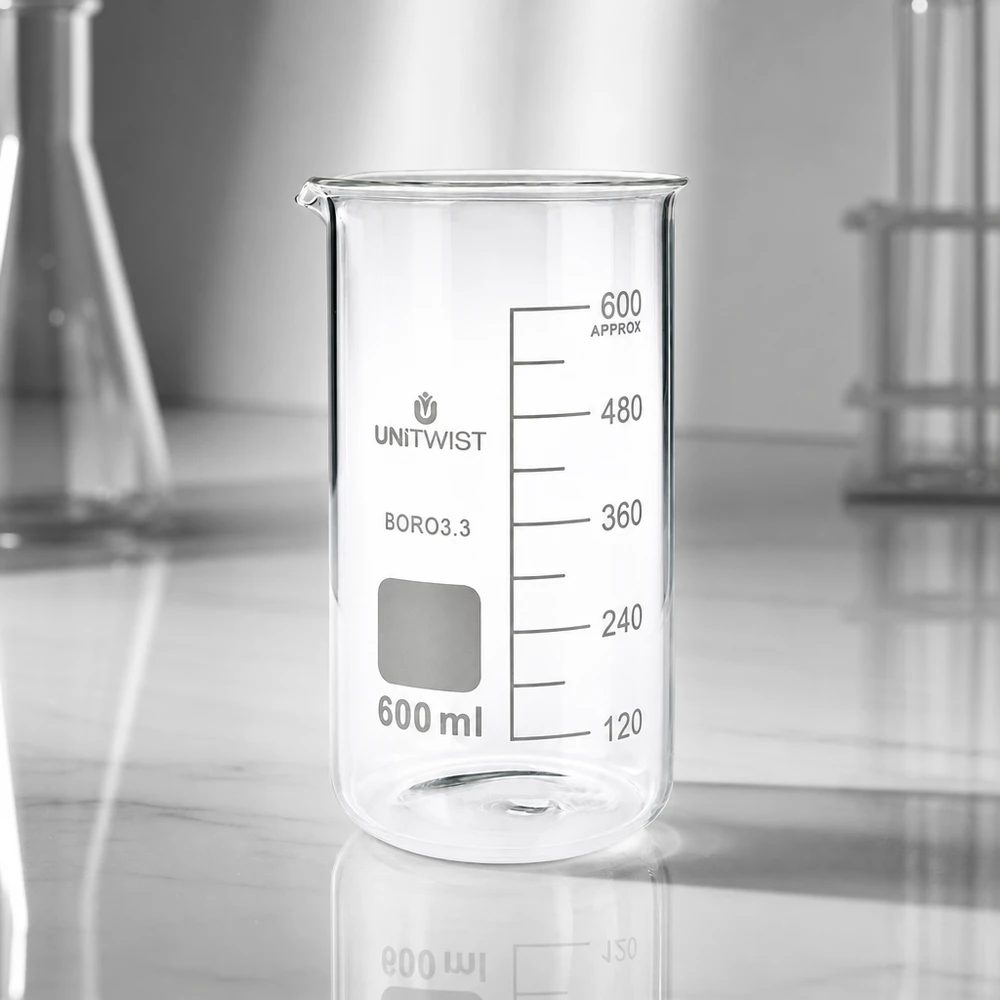 UNITWIST 600ml Becherglas hohe Form transparentes Borosilikat mit Skala und quadratischem Etikettenfeld