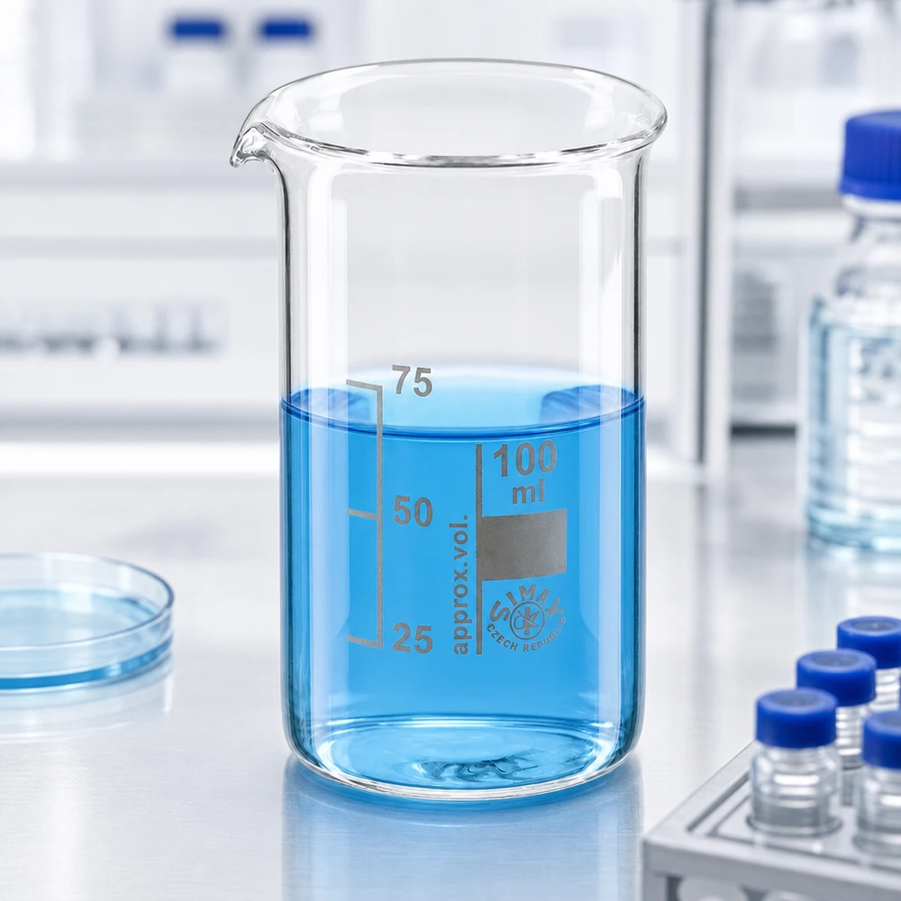 Borosilikatglas Becherglas 100ml hohe Form mit blauem Inhalt zwischen Reagenzgläsern und Vials