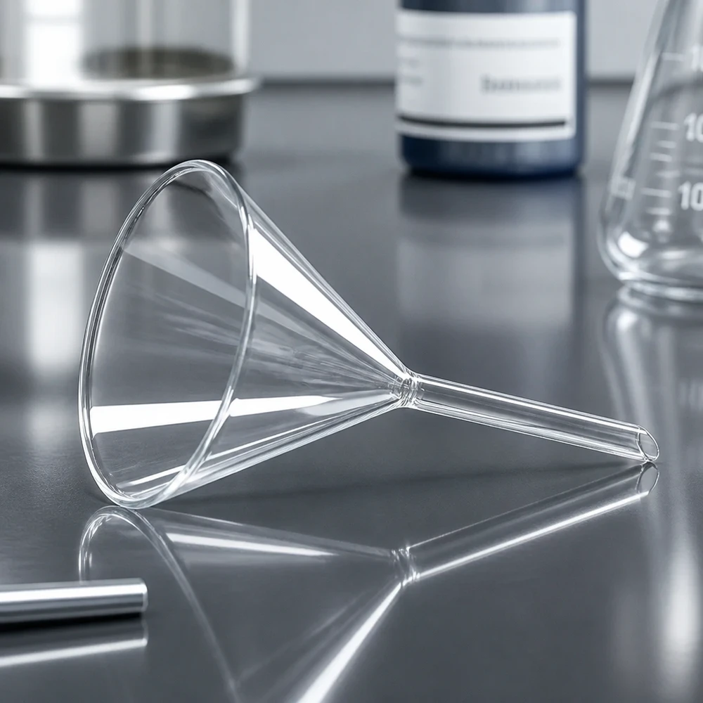 Glastrichter mit optimaler 60° Geometrie und 8cm Durchmesser für effiziente Befüllung