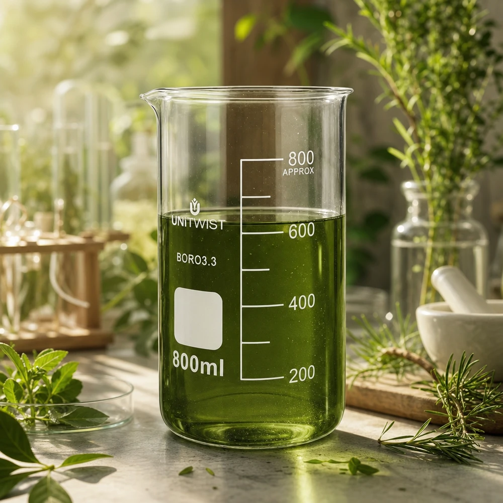 Borosilikat Becherglas UNITWIST 800ml hohe zylindrische Form mit grüner Pflanzenlösung