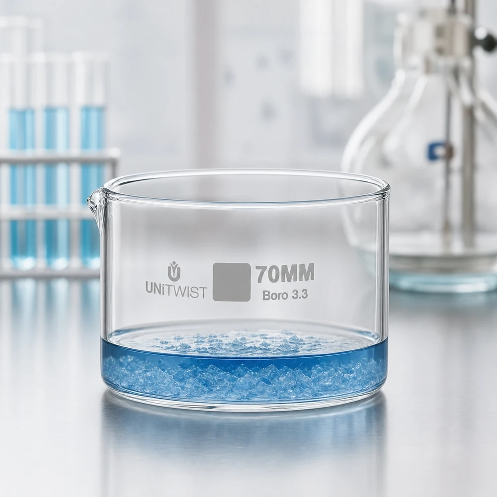 Laborschale ø70mm UNiTWIST Boro 3.3 mit blauen Kristallisaten im professionellen Einsatz