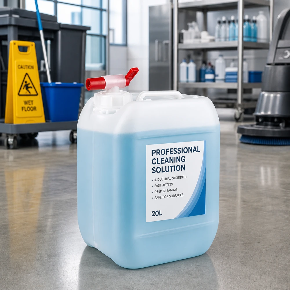 Lebensmittelechter 5 Liter Kanister mit Entnahmeventil für industrielle Reinigungsmittel im Großgebinde
