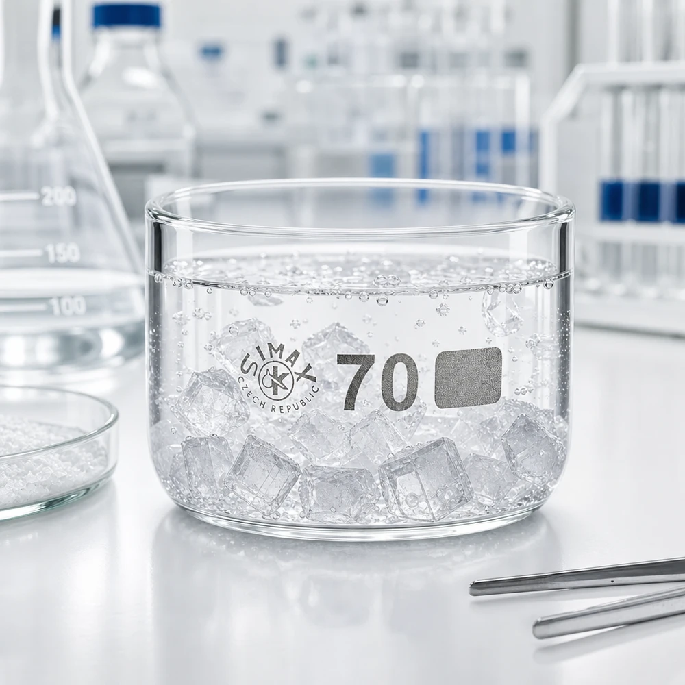 100ml Kristallisierschale ohne Ausguss Borosilikat ø70mm Kristallisierschale ohne Ausguss 100ml neben Erlenmeyerkolben und Pinzette im Labor