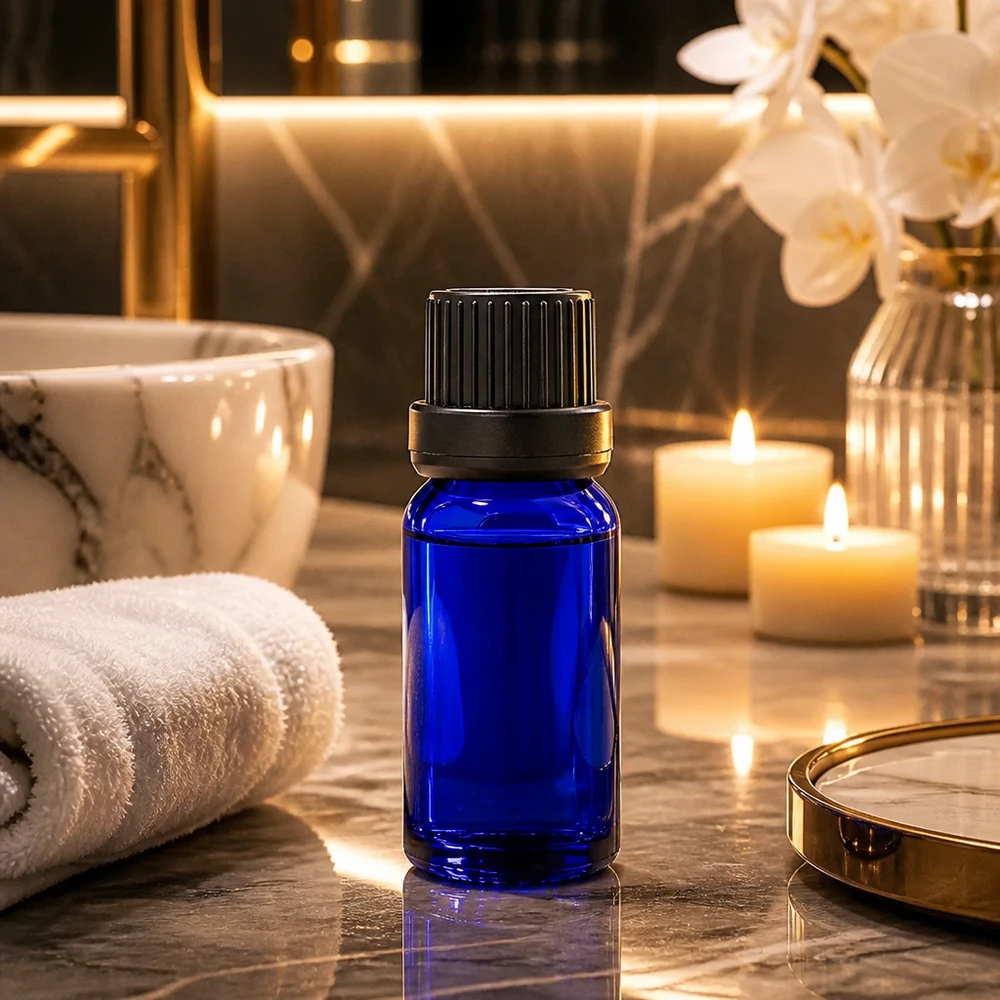 Luxuriöse 5ml blaue Glasflasche mit elegantem Design für Premium Aromatherapie Produkte