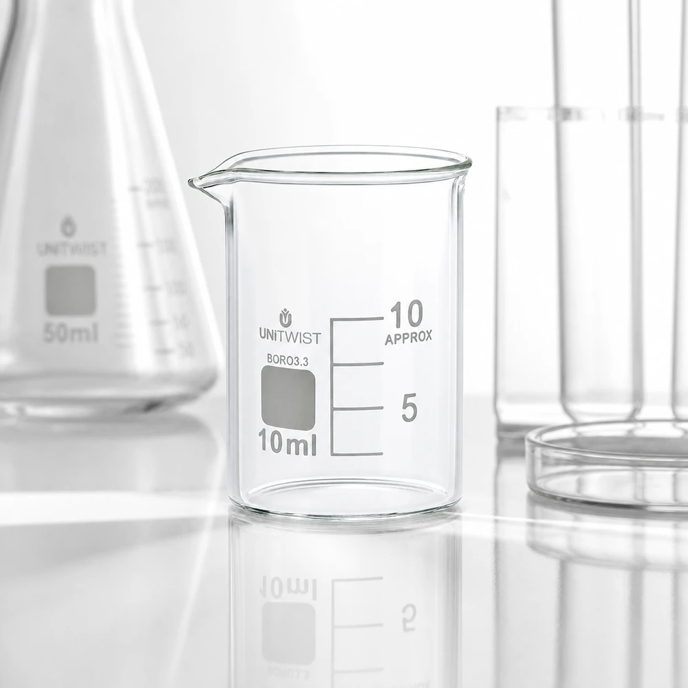 Becherglas 10ml Borosilikat, niedrige Form UNiTWIST Kleinstvolumen Becherglas 10ml Borosilikat niedrige Form ideal für Mikromengen im Chemielabor